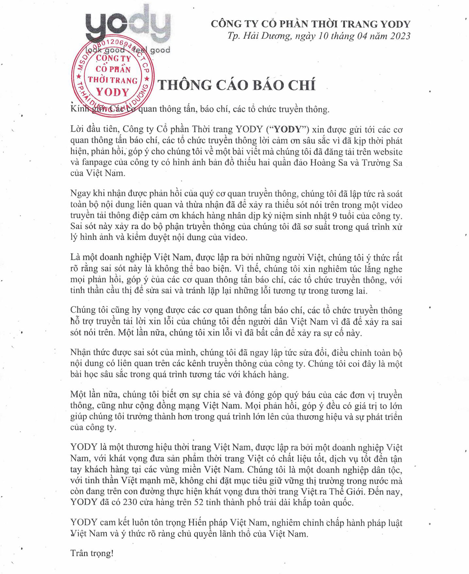 Dùng bản đồ thiếu Hoàng Sa, Trường Sa, thời trang YODY phải xin lỗi